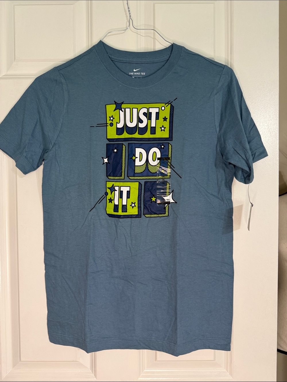 Nike Slate Blue Short Sleeve 'JUST DO IT' Graphic Tee with Lime & Navy
